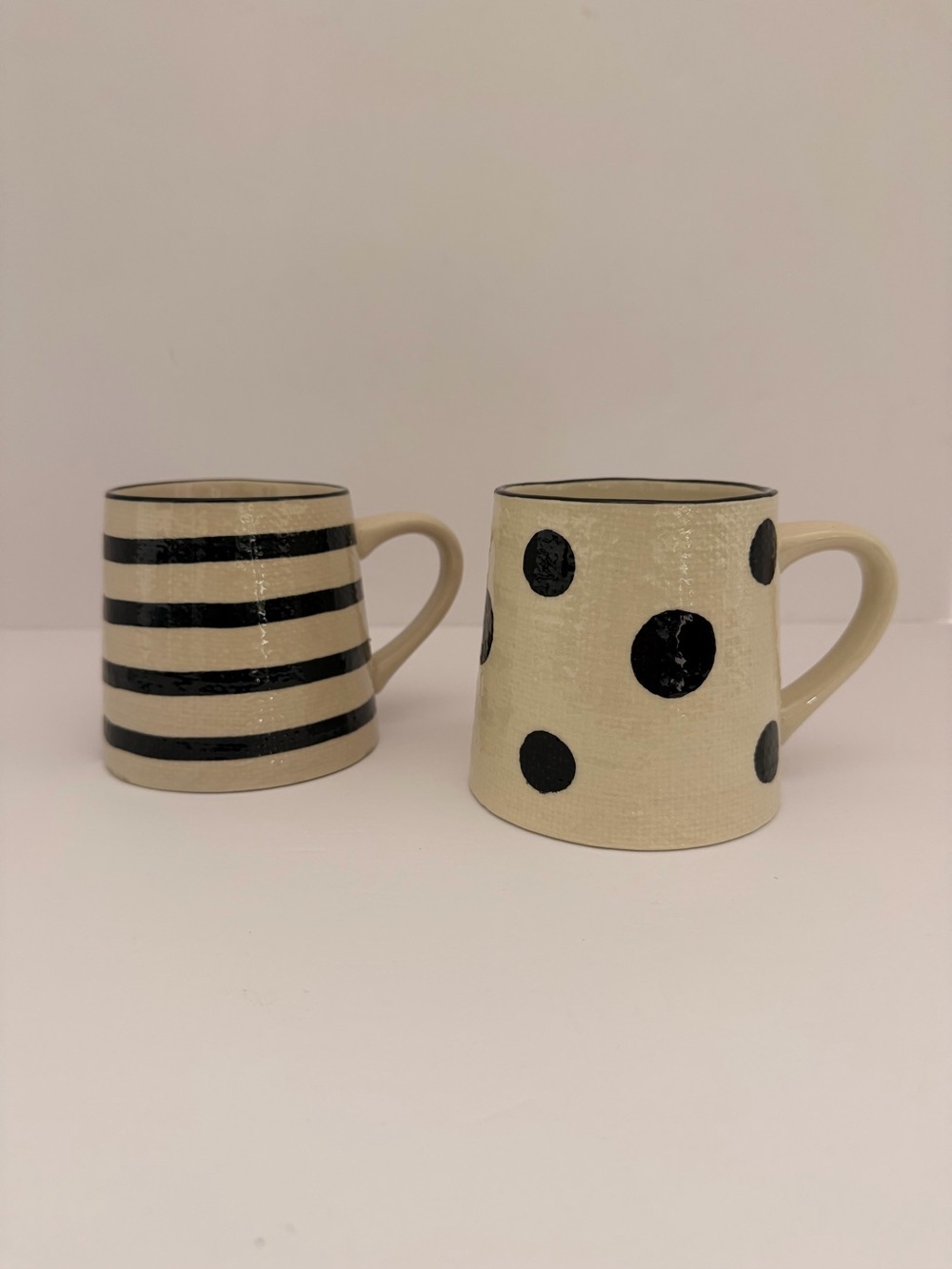 Set of 2 Black & Cream Ceramic Mugs Stripes & Polka Dots Modern Farmhouse